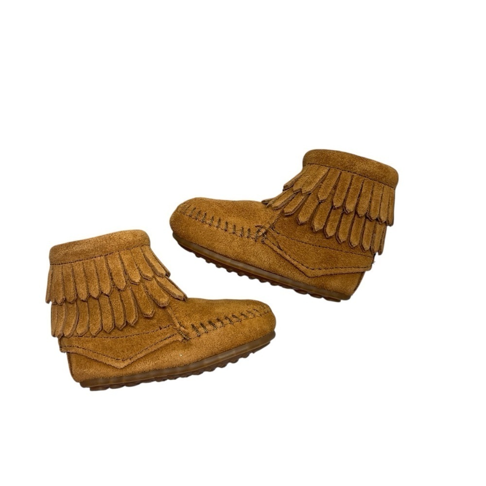 Minnetonka Double Fringe Side-Zip Tan Suede Moccasin Baby Boots size 2